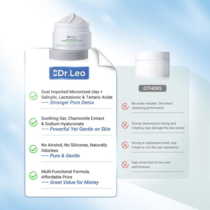 Revitalize Your Skin with Dr. Leo 3-in-1 White Clay Mask – 100g for Deep Pore Detox, Acne Treatment, and Oil Control